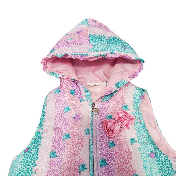 Vintage Kids Headquarters Girls 6X Floral Cheata Print Puffer Hooded ZipUp Vest - Picture 2 of 12